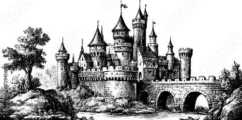 Vintage engraved illustration of a majestic medieval castle silhouette for historical design