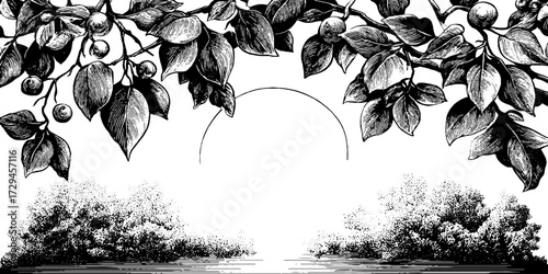Mystical forest canopy with engraved foliage and sunlit horizon in vintage style