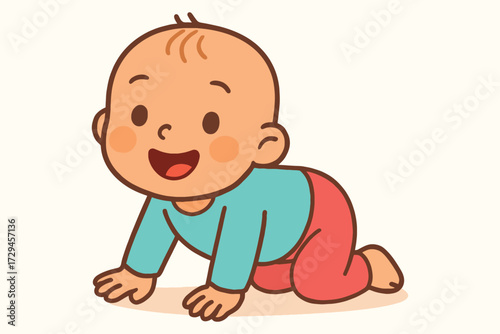 Adorable cartoon baby crawling forward with a joyful expression and bright eyes