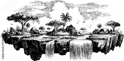 Mythical floating island landscape with waterfalls and lush trees