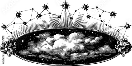 Vintage night sky constellation engraving for retro design and art projects