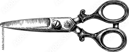 Vintage engraved illustration of open scissors for design and decoration
