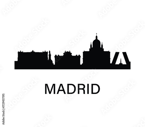 Madrid skyline silhouette. Royal Palace and historic buildings. Simple black cityscape for travel, infographic, design.
