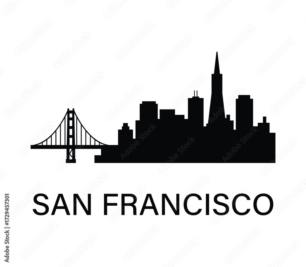 Obraz premium San Francisco skyline silhouette with Golden Gate Bridge in minimalist vector style.