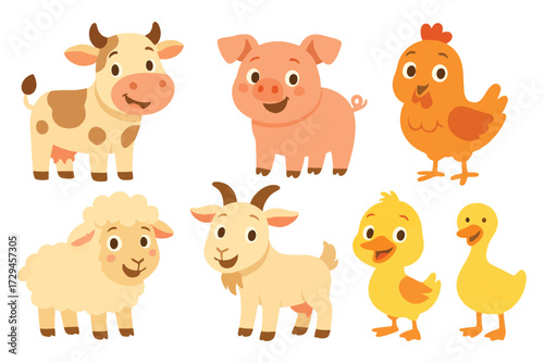 Collection of cute cartoon farm animals including cow pig chicken sheep goat ducklings