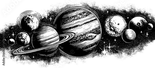 Celestial beauty in engraved illustration of planets and moons for retro design