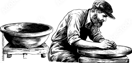 Artisan potter in vintage style crafting with clay for artistic design and decor