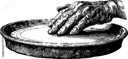Vintage engraving of potter's hand shaping clay - artistic craftsmanship design