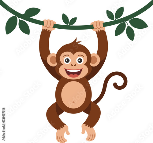 Happy cartoon monkey swinging from a vine with green leaves