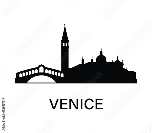Venice skyline silhouette with Rialto Bridge and bell tower in simple vector style.