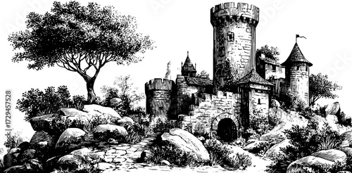 Enchanting ruined castle with vines in vintage engraved design for historical poster