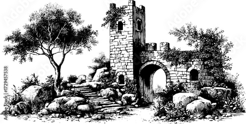 Enchanting ruined castle with vines and trees in engraved style for historical design