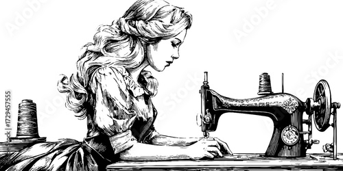 Vintage seamstress at work with sewing machine - hand engraved art for crafting and design projects