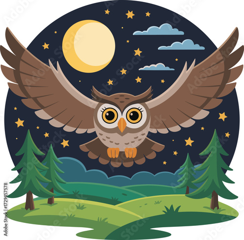 Majestic owl soars under a full moon in a starry night sky