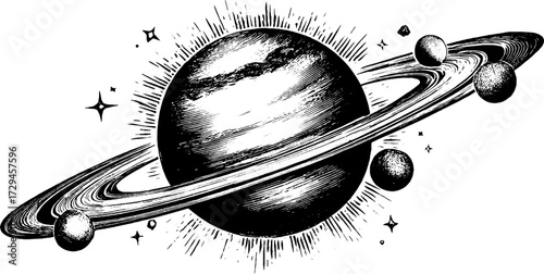 Simplified planetary orb engraving with rings and moons – vintage celestial illustration