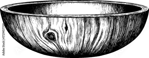Rustic hand-drawn engraved wood bowl illustration for vintage design