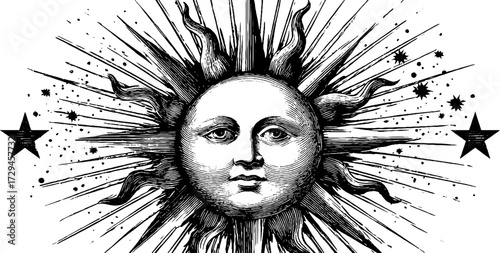 Vintage engraved tarot card sun illustration for mystic designs