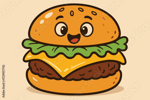 Cute cartoon burger character with happy face and cheese and lettuce