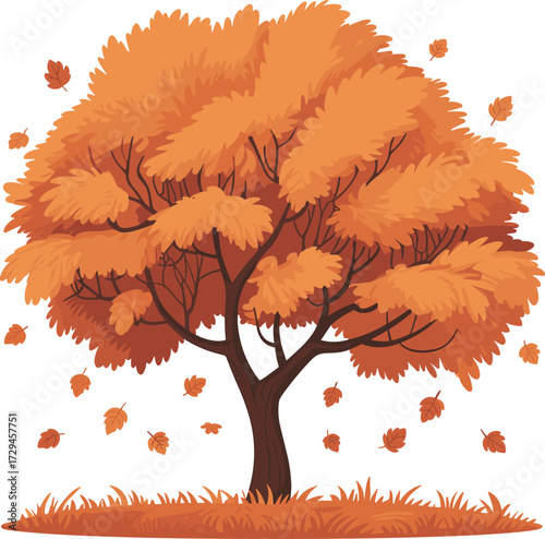 Vibrant autumn tree with falling leaves illustration