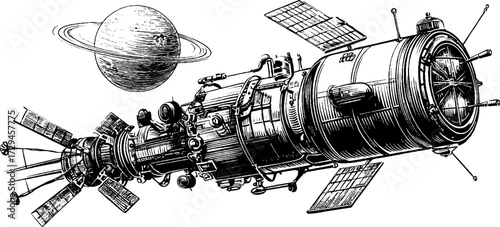 Vintage spacecraft and saturn silhouette - engraved art for retro designs