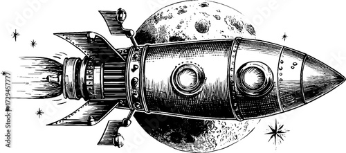 Vintage spacecraft silhouette engraving with moon and stars - retro design for posters and cards