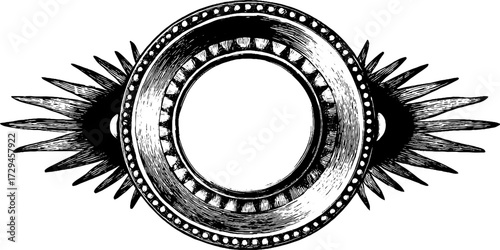 Vintage engraved symmetrical circular design with intricate ornamental patterns and detail.
