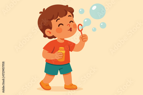 Joyful young boy blowing iridescent bubbles with a wand and bottle on a light background