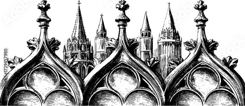 Intricate gothic border with architectural spires engraving for classic design