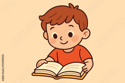 Adorable cartoon boy with brown hair happily reading an open book with a warm smile