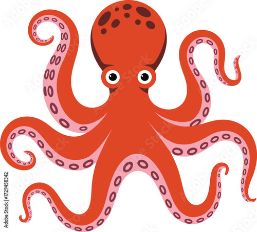 Cartoon orange octopus with eight tentacles and suction cups