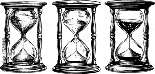 Vintage engraved illustration set of antique hourglasses for retro design projects
