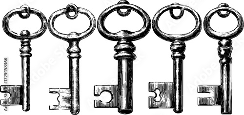 Vintage engraved illustration set of antique keys perfect for retro design and decoration