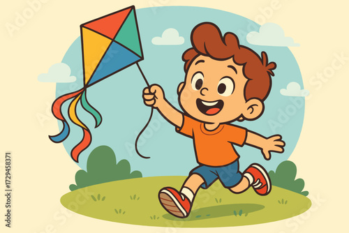 Joyful cartoon boy running and flying a colorful kite in a grassy park on a sunny day
