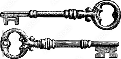 Vintage antique key collection - hand drawn engraved design for retro decor and crafts