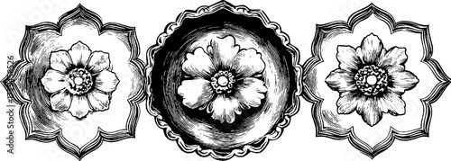 Intricate engraved illustration set of arabic floral patterns for design and decor