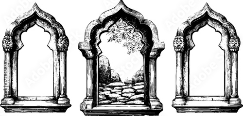 Vintage engraved set of arabic window lattice designs for interior decor