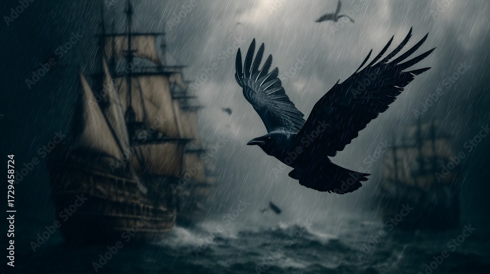 Obraz premium Cinematic Dark Sailing Ships with Dramatic Sky.Generative AI