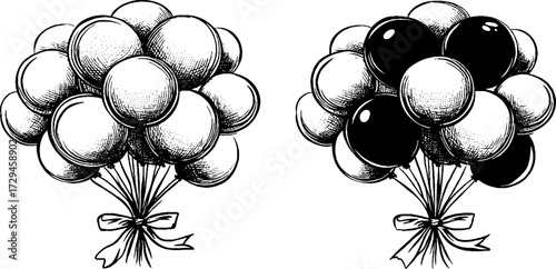 Vintage engraved illustration of balloon bunches with ribbons for retro decor and design