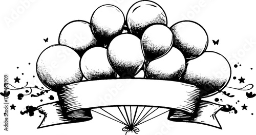 Vintage engraved illustration of a bunch of tied balloons on a decorative banner