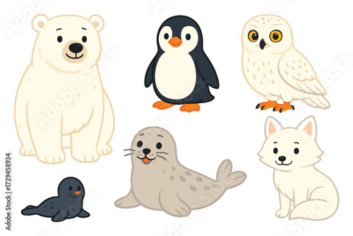 Cute arctic and antarctic animals collection including polar bear penguin seal and arctic fox