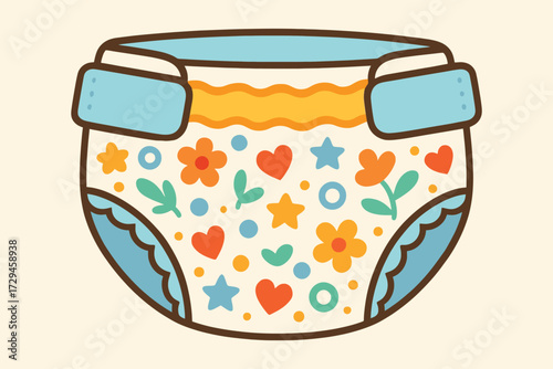 Cute cartoon diaper with colorful floral and heart pattern for baby care and hygiene