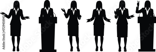Silhouette businesswoman speaking, public presentation, podium speech, professional communication, debate illustration, leadership concept, corporate training, 