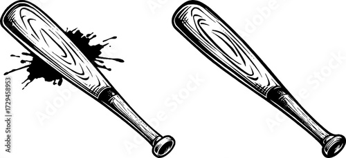 Vintage engraving of baseball bat set with black ink splatter for sports design