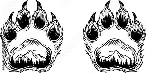 Vintage sketch of bear paw print with mountain scene for retro design and decoration
