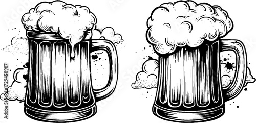 Vintage beer mugs with foam engraving for retro design and decor