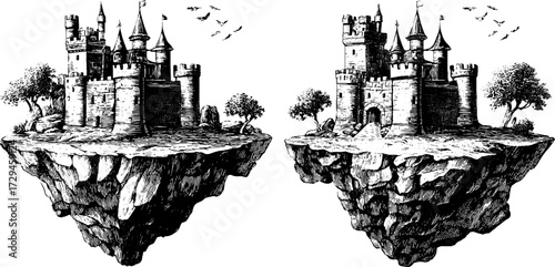 Enchanted floating castles engraved in vintage style for poster or card design