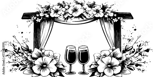 Engraved celebration items set with floral arch and champagne glasses for festive design
