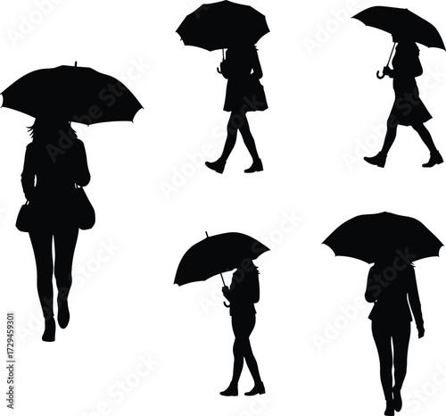 Silhouette people with umbrellas, walking in rain, rainy day concept, umbrella protection, urban lifestyle, weather illustration, pedestrians, stormy weather scene