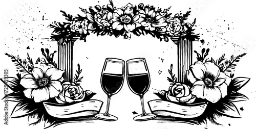 Vintage engraved illustration of floral wine glasses, elegant symbols of romance and celebration.
