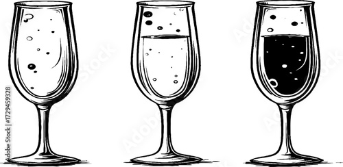 Vintage engraved illustration of champagne flute glasses for retro design